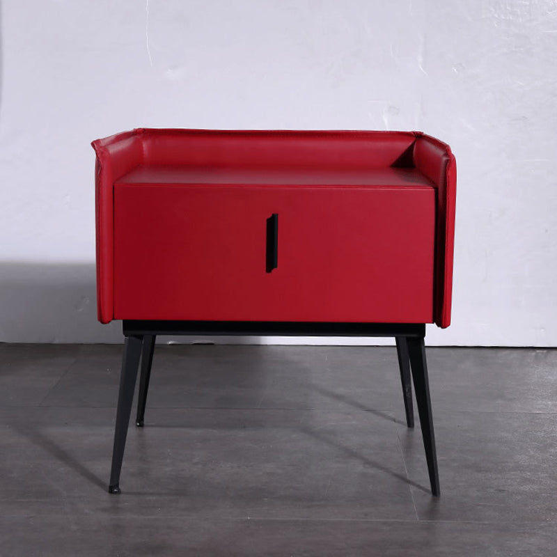 Contemporary Scandinavian Red Faux Leather Nightstand - Square 1-Drawer Bedside Table For Bedroom