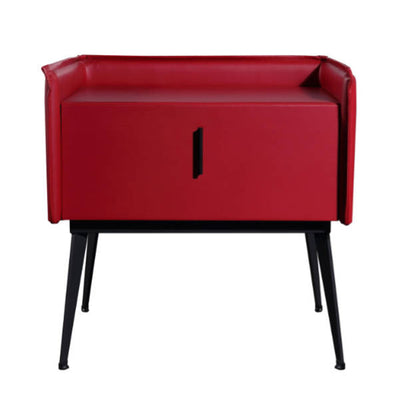 Contemporary Scandinavian Red Faux Leather Nightstand - Square 1-Drawer Bedside Table For Bedroom