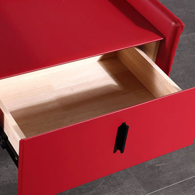 Contemporary Scandinavian Red Faux Leather Nightstand - Square 1-Drawer Bedside Table For Bedroom