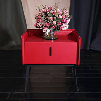 Contemporary Scandinavian Red Faux Leather Nightstand - Square 1-Drawer Bedside Table For Bedroom