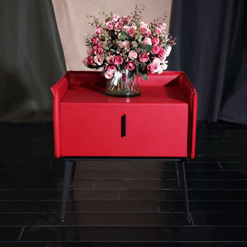 Contemporary Scandinavian Red Faux Leather Nightstand - Square 1-Drawer Bedside Table For Bedroom