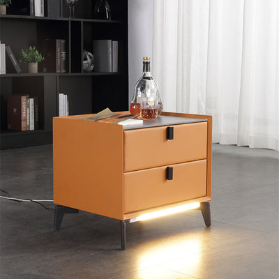 Contemporary Wireless Charger & LED Sensor Light Nightstand - Sintered Stone Top 2-Drawer For Bedroom