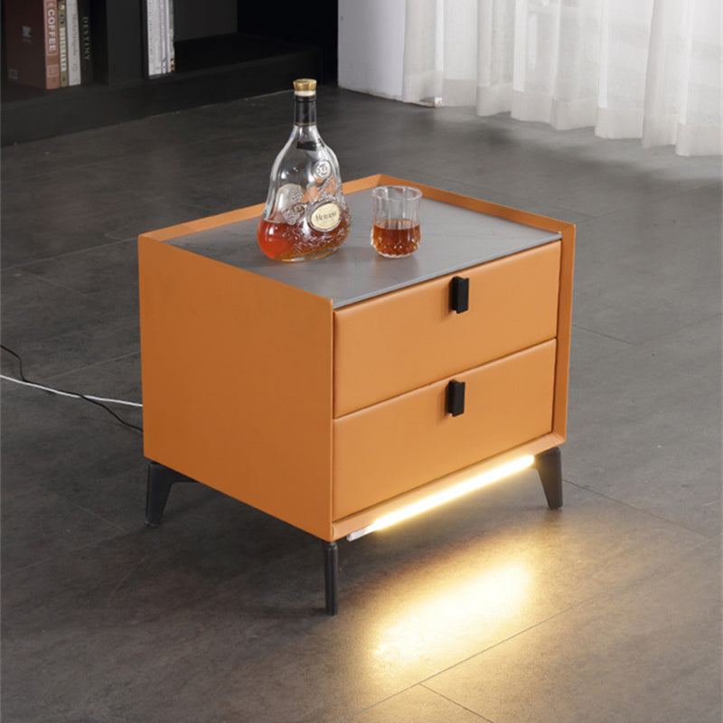 Contemporary Wireless Charger & LED Sensor Light Nightstand - Sintered Stone Top 2-Drawer For Bedroom