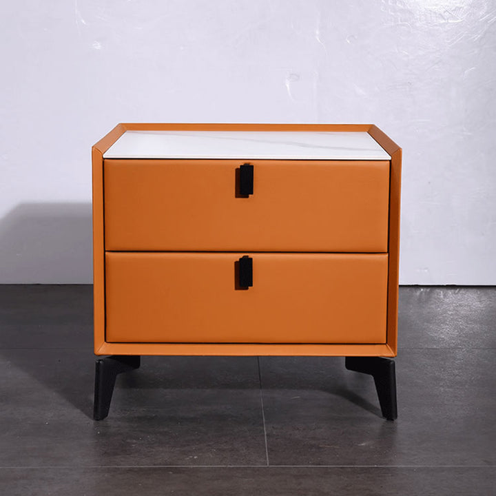 Table de chevet contemporaine avec chargeur sans fil et veilleuse LED à capteur - plateau en pierre frittée, 2 tiroirs pour chambre à coucher 