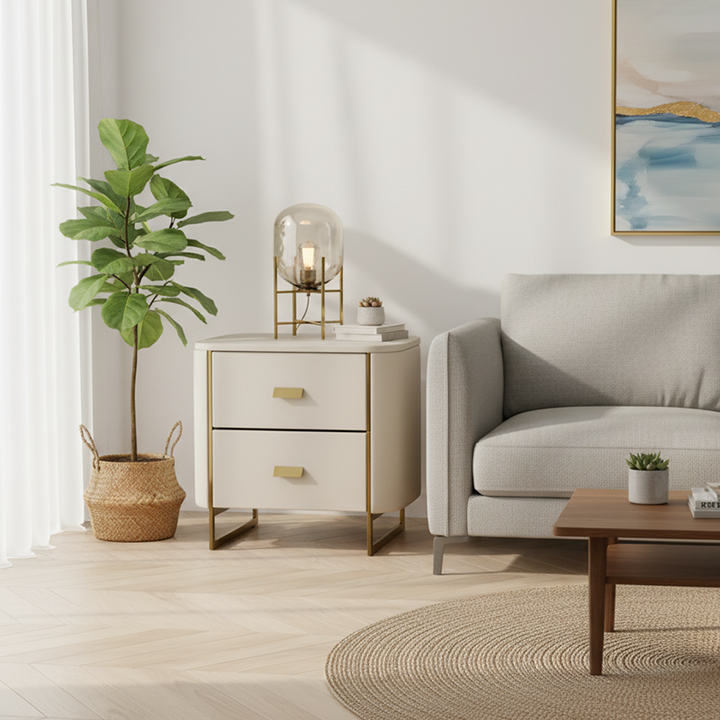 Table de chevet de luxe moderne en titane doré aspect cuir synthétique - table de nuit douce au toucher pour chambre à coucher 