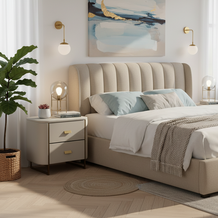 Table de chevet de luxe moderne en titane doré aspect cuir synthétique - table de nuit douce au toucher pour chambre à coucher 