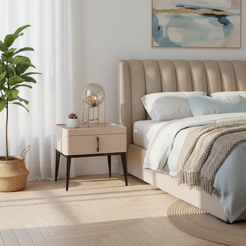 Contemporary Matte Metal Faux Leather Bedside Table - 1-Drawer Nightstand For Bedroom