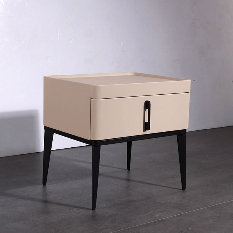 Contemporary Matte Metal Faux Leather Bedside Table - 1-Drawer Nightstand For Bedroom