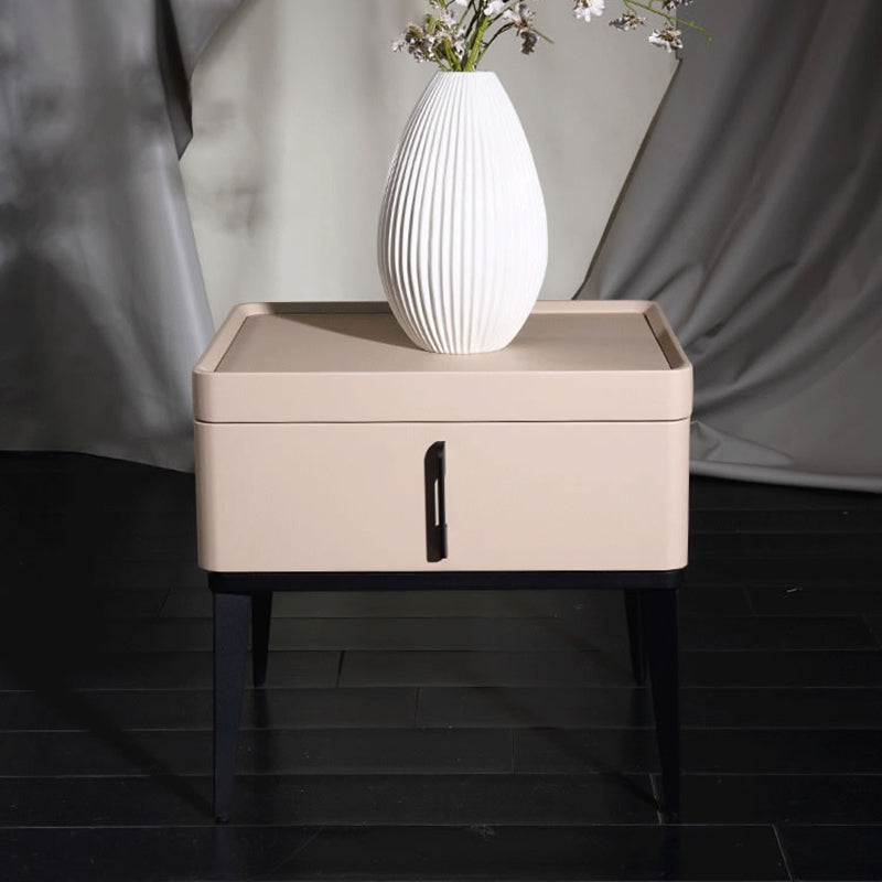 Contemporary Matte Metal Faux Leather Bedside Table - 1-Drawer Nightstand For Bedroom