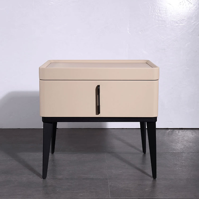 Contemporary Matte Metal Faux Leather Bedside Table - 1-Drawer Nightstand For Bedroom