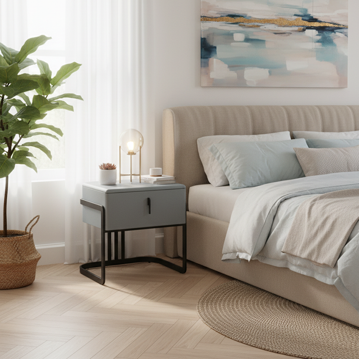 Table de chevet contemporaine scandinave en simili cuir - carré incurvé à 1 tiroir pour chambre à coucher 