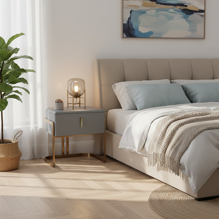 Table de chevet contemporaine scandinave en simili cuir - carré incurvé à 1 tiroir pour chambre à coucher 