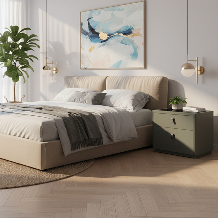 Table de chevet contemporaine nordique en cuir synthétique - élégante avec plateau en verre et 2 tiroirs pour chambre 