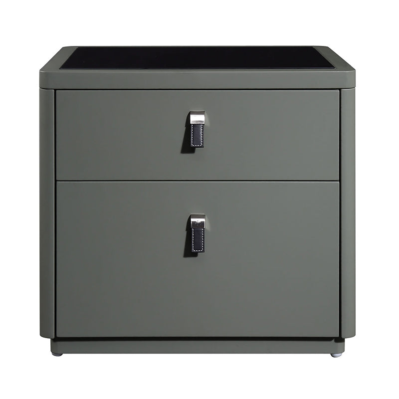 Table de chevet contemporaine nordique en cuir synthétique - élégante avec plateau en verre et 2 tiroirs pour chambre 