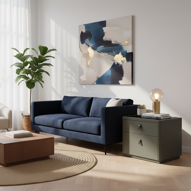 Table de chevet contemporaine nordique en cuir synthétique - élégante avec plateau en verre et 2 tiroirs pour chambre 