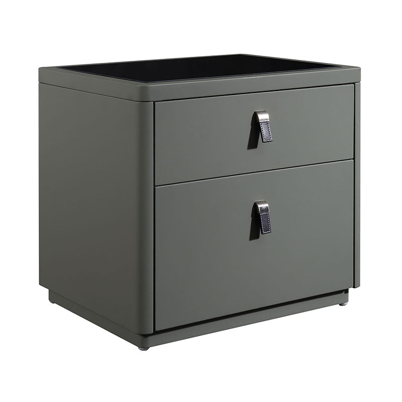 Table de chevet contemporaine nordique en cuir synthétique - élégante avec plateau en verre et 2 tiroirs pour chambre 