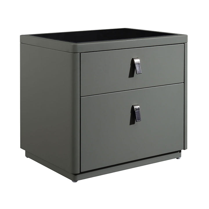 Table de chevet contemporaine nordique en cuir synthétique - élégante avec plateau en verre et 2 tiroirs pour chambre 
