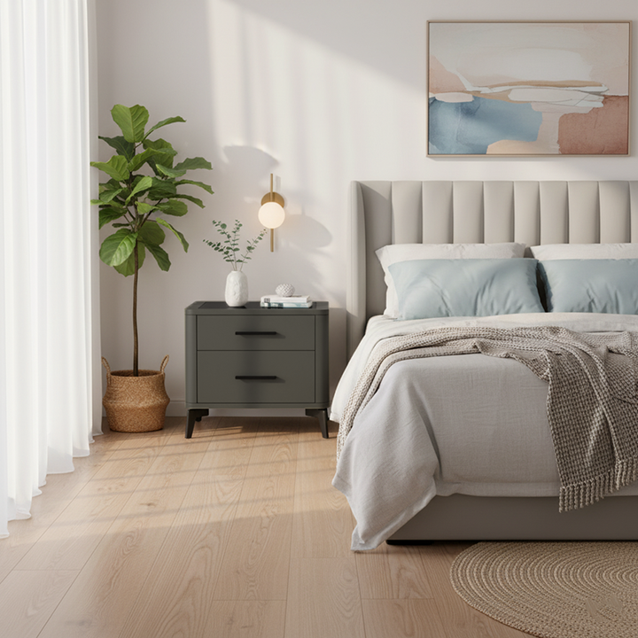 Table de chevet moderne de luxe en similicuir avec plateau en verre - table de chevet à 2 tiroirs pour chambre à coucher 