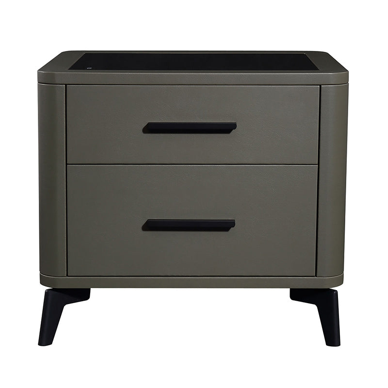 Modern Luxury Faux Leather Nightstand With Glass Top - 2 Drawer Bedside Table For Bedroom