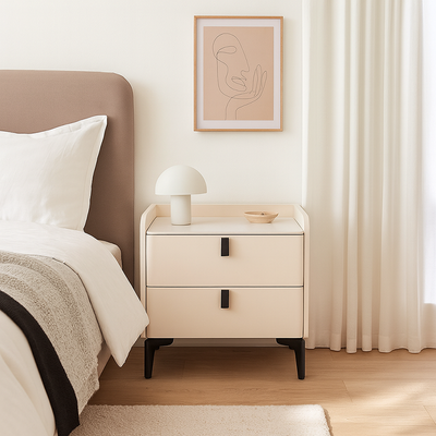 Contemporary Nordic Dual-Finish Nightstand - Square Sintered Stone Top Bedside Table For Bedroom