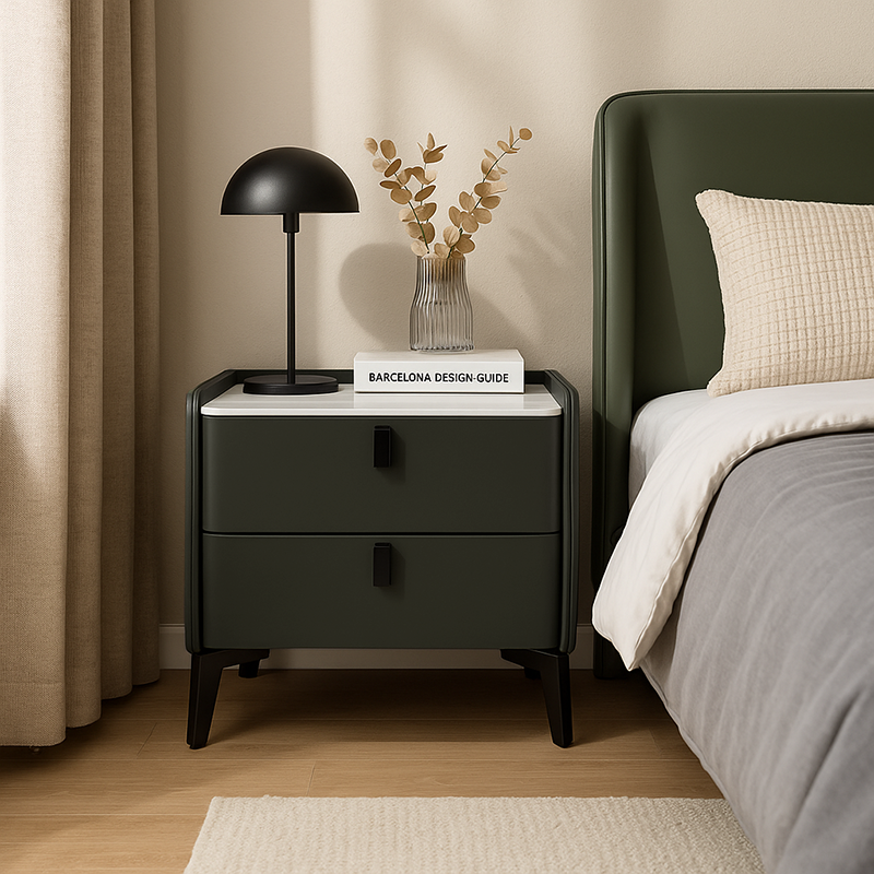 Contemporary Nordic Dual-Finish Nightstand - Square Sintered Stone Top Bedside Table For Bedroom