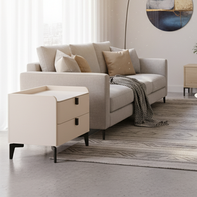 Contemporary Nordic Dual-Finish Nightstand - Square Sintered Stone Top Bedside Table For Bedroom