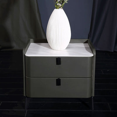 Contemporary Nordic Dual-Finish Nightstand - Square Sintered Stone Top Bedside Table For Bedroom