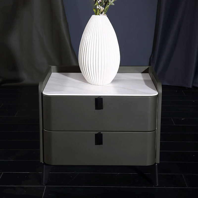 Contemporary Nordic Dual-Finish Nightstand - Square Sintered Stone Top Bedside Table For Bedroom