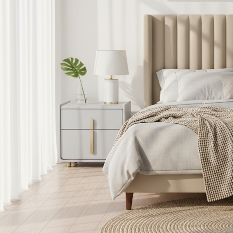 Modern Minimalist Faux Leather Nightstand - Square 2 Drawer Bedside Table For Bedroom