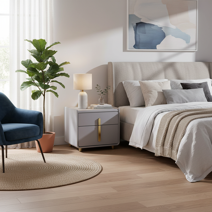 Table de nuit moderne minimaliste en faux cuir - table de chevet carrée à 2 tiroirs pour chambre à coucher 