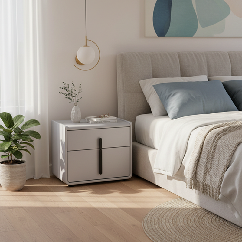 Moderna mesita de noche minimalista de cuero sintético - Mesa de noche cuadrada con 2 cajones para dormitorio 