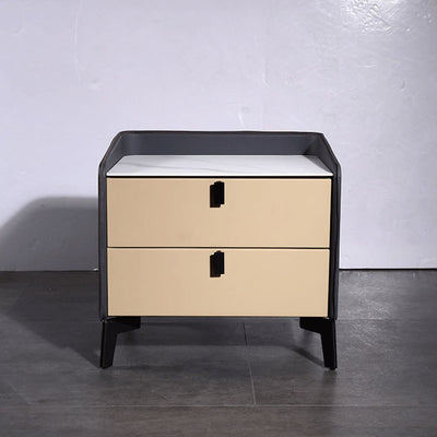 Contemporary Nordic Sintered Stone Metal Bedside Table - Curved Edges 2 Drawers Nightstand For Bedroom
