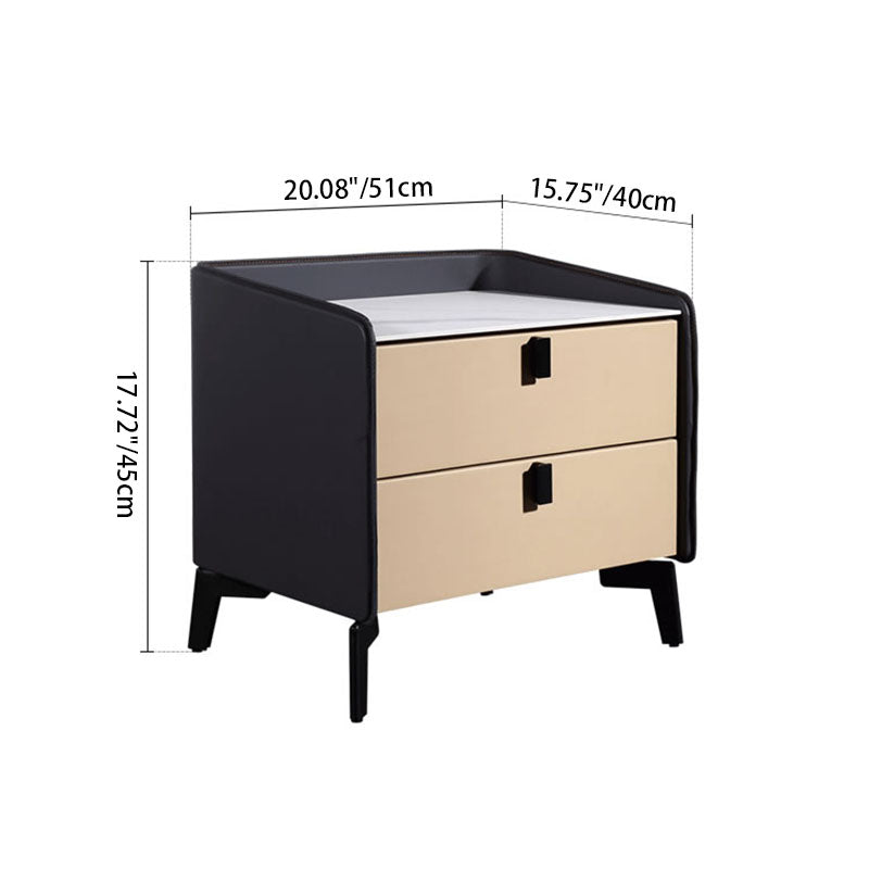 Contemporary Nordic Sintered Stone Metal Bedside Table - Curved Edges 2 Drawers Nightstand For Bedroom