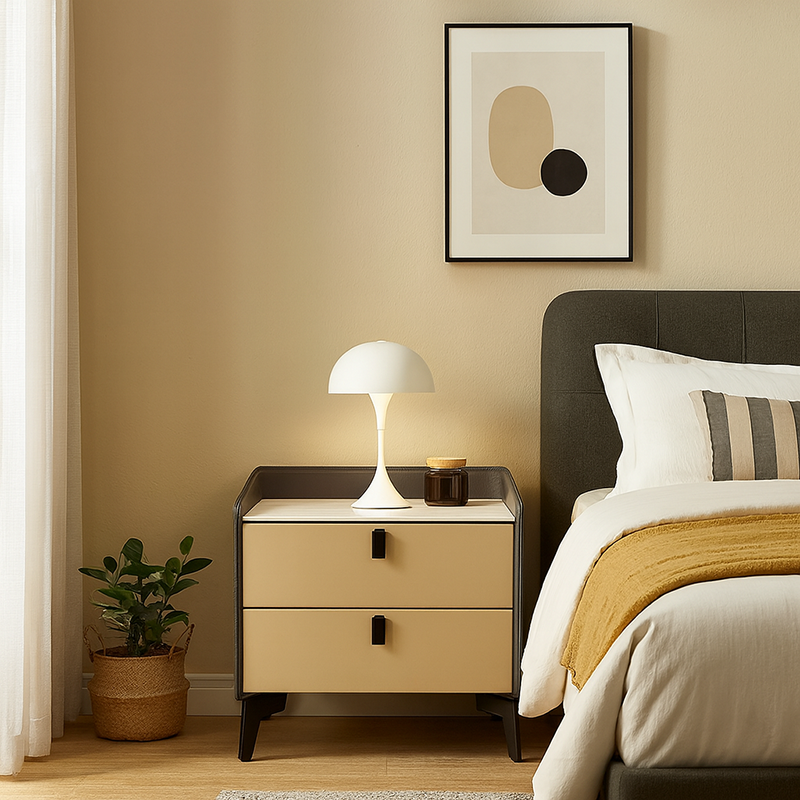 Contemporary Nordic Sintered Stone Metal Bedside Table - Curved Edges 2 Drawers Nightstand For Bedroom