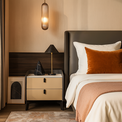 Contemporary Nordic Sintered Stone Metal Bedside Table - Curved Edges 2 Drawers Nightstand For Bedroom