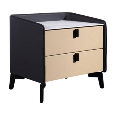 Contemporary Nordic Sintered Stone Metal Bedside Table - Curved Edges 2 Drawers Nightstand For Bedroom