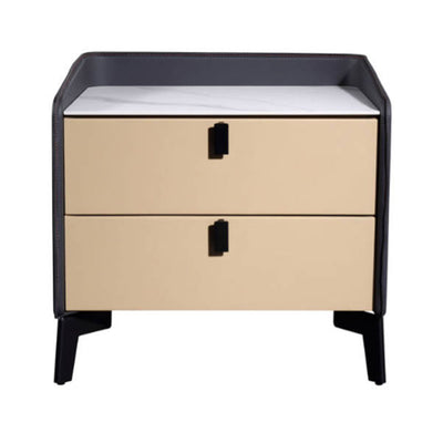 Contemporary Nordic Sintered Stone Metal Bedside Table - Curved Edges 2 Drawers Nightstand For Bedroom