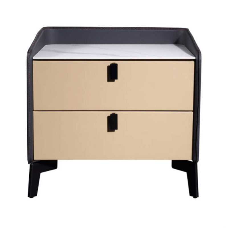 Contemporary Nordic Sintered Stone Metal Bedside Table - Curved Edges 2 Drawers Nightstand For Bedroom