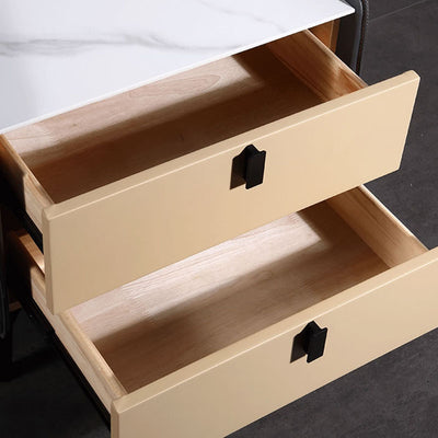 Contemporary Nordic Sintered Stone Metal Bedside Table - Curved Edges 2 Drawers Nightstand For Bedroom