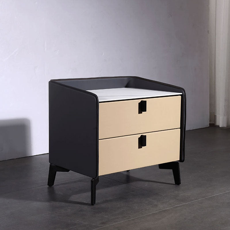Contemporary Nordic Sintered Stone Metal Bedside Table - Curved Edges 2 Drawers Nightstand For Bedroom