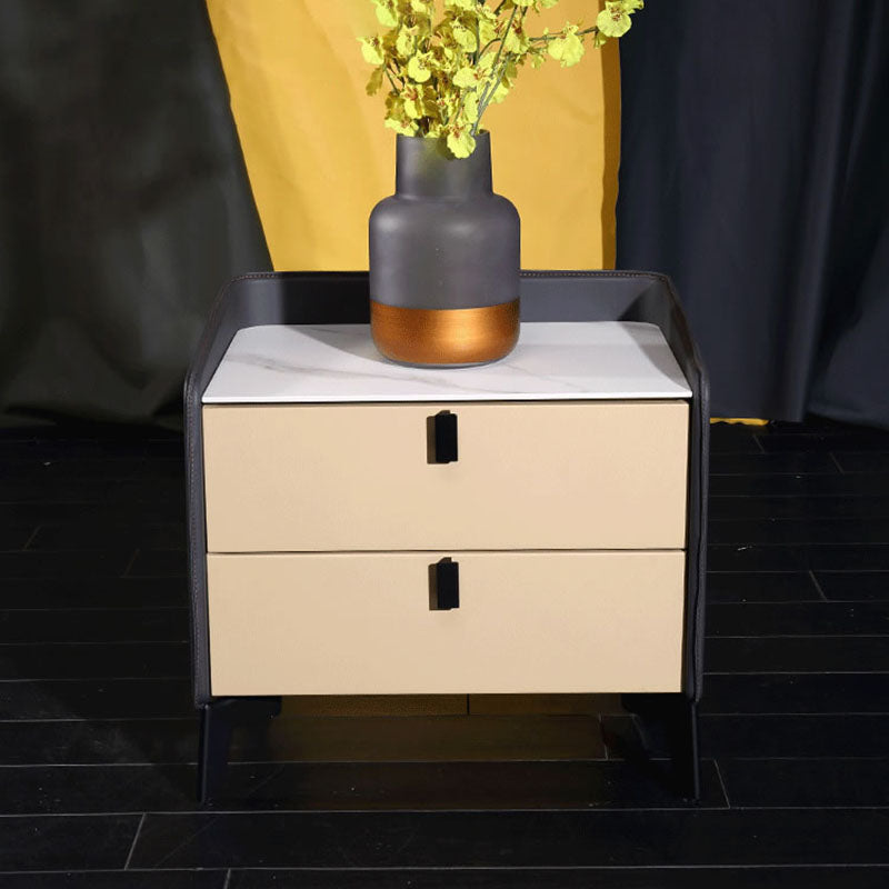 Contemporary Nordic Sintered Stone Metal Bedside Table - Curved Edges 2 Drawers Nightstand For Bedroom