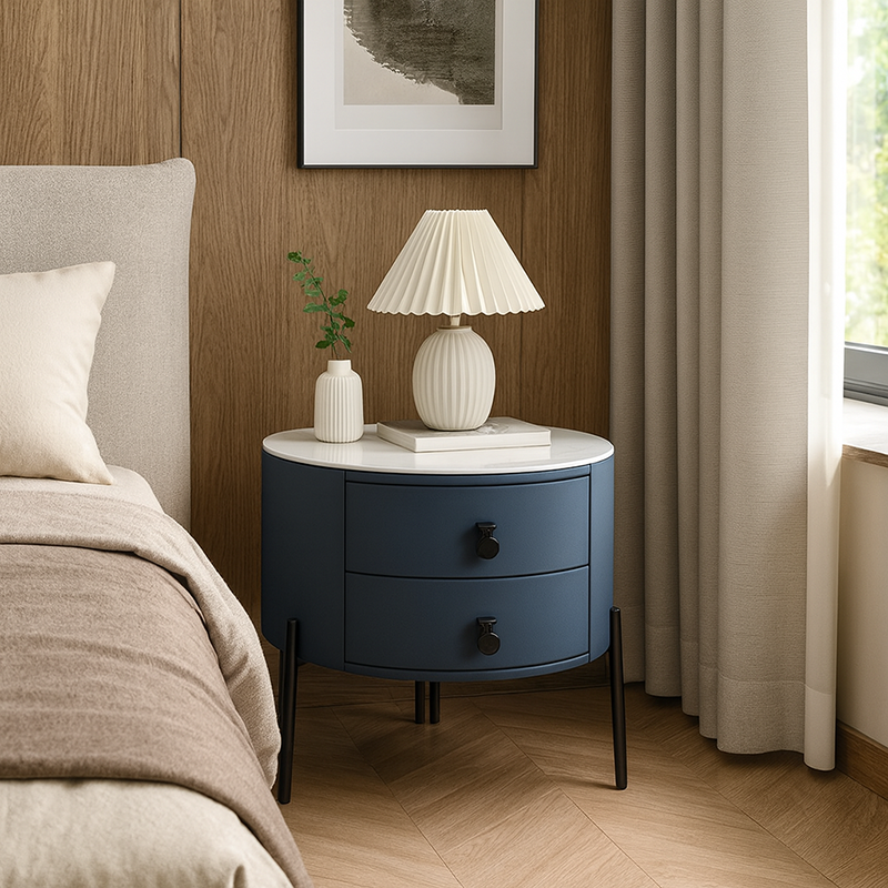 Contemporary Sintered Stone Top Metal Legs Nightstand - 2 Drawers Bedside Cabinet For Bedroom