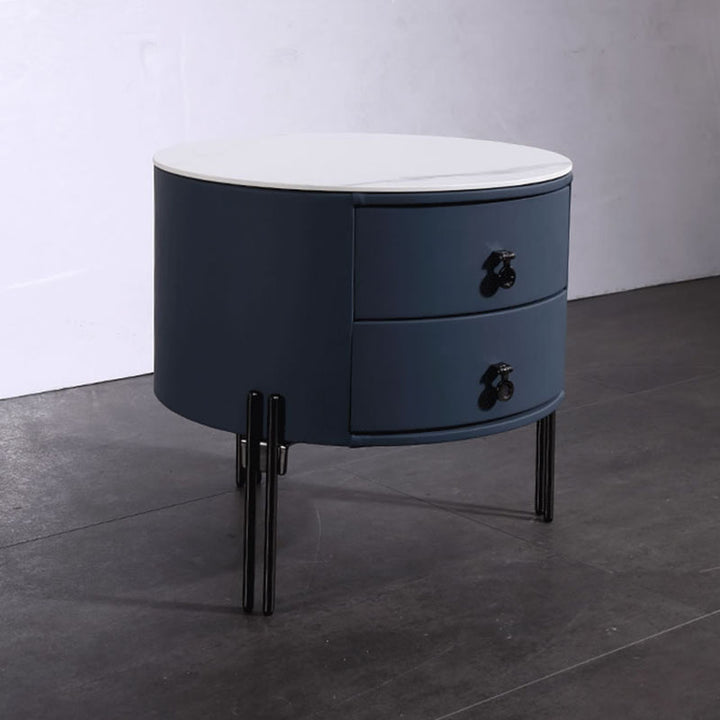 Contemporary Sintered Stone Top Metal Legs Nightstand - 2 Drawers Bedside Cabinet For Bedroom