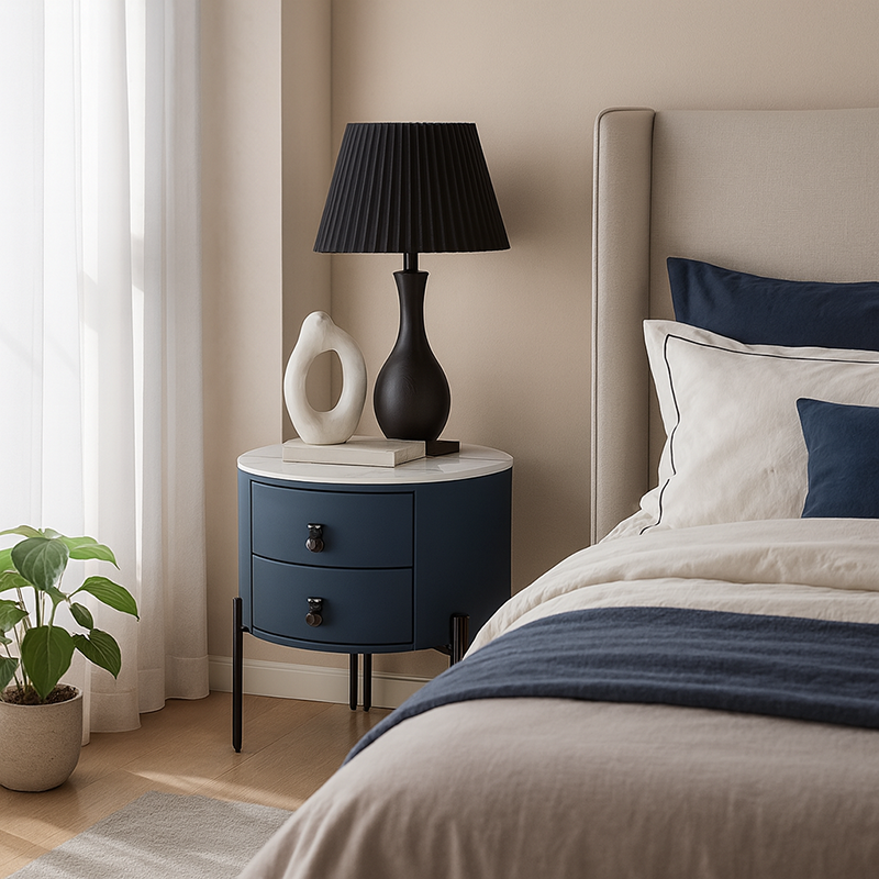 Contemporary Sintered Stone Top Metal Legs Nightstand - 2 Drawers Bedside Cabinet For Bedroom