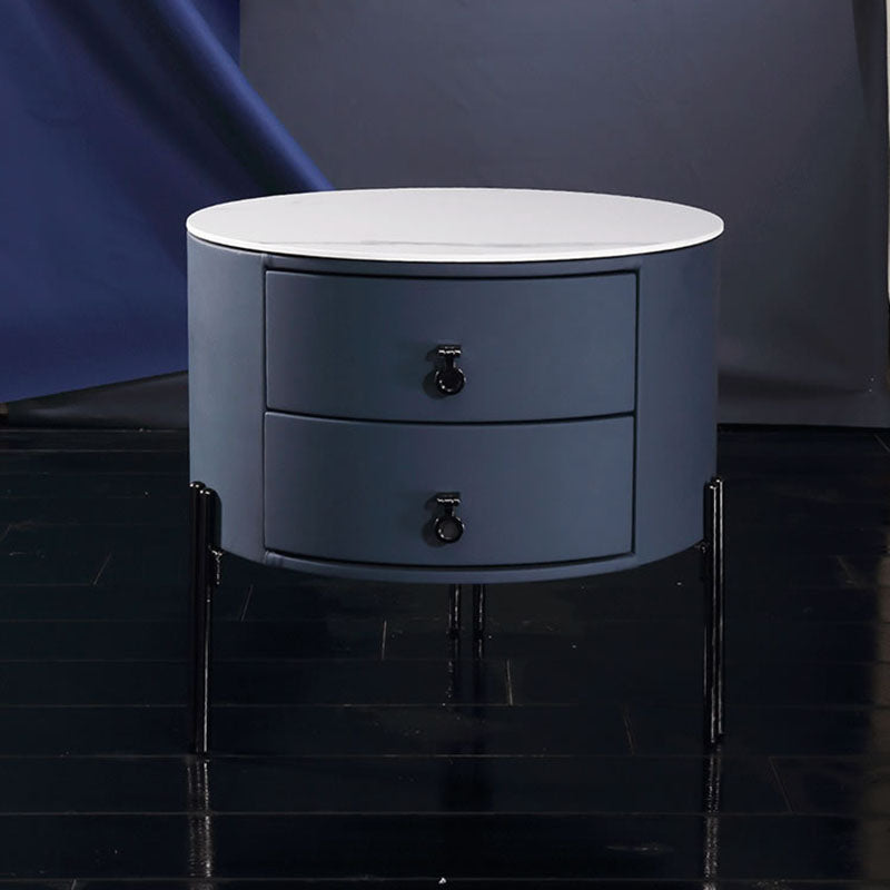 Contemporary Sintered Stone Top Metal Legs Nightstand - 2 Drawers Bedside Cabinet For Bedroom