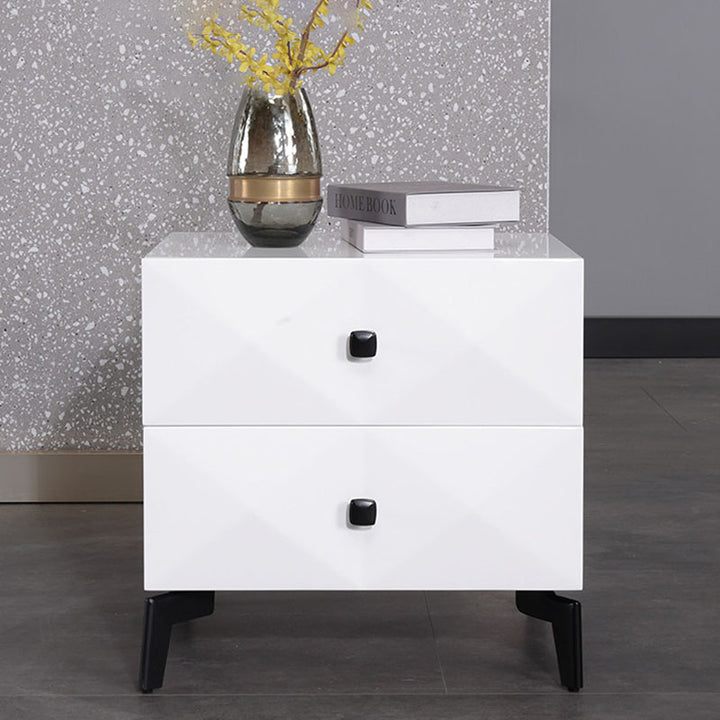 Table de chevet à 2 tiroirs en placage moderne minimaliste brillant – table de nuit à texture diamant pour chambre à coucher 