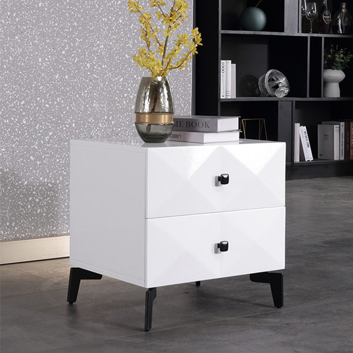 Table de chevet à 2 tiroirs en placage moderne minimaliste brillant – table de nuit à texture diamant pour chambre à coucher 