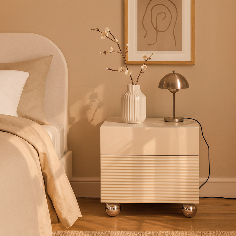 Modern Minimalist Polished Metal Legs Bedside Table - Ribbed 2 Drawer Nightstand For Bedroom