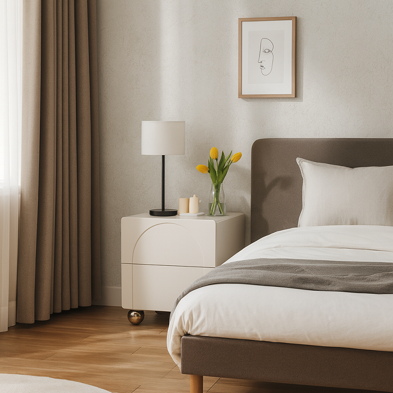 Contemporary Creative 2 Drawers Nightstand - Curved Front Stainless Steel Ball Legs Bedside Table For Bedroom