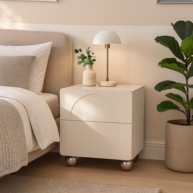 Contemporary Creative 2 Drawers Nightstand - Curved Front Stainless Steel Ball Legs Bedside Table For Bedroom